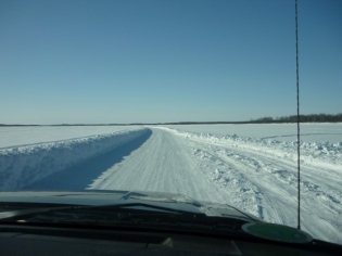 Driving down the ice road on the Kuskokwim River